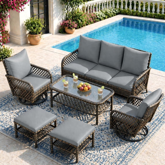 AECOJOY 6 Pcs Outdoor Furniture Set Clearance, 7-Seat Wicker Patio Funiture Sectional Sofa with High Back Swivel Rocker Chairs for Lawn, Deck, Backyard in Gray
