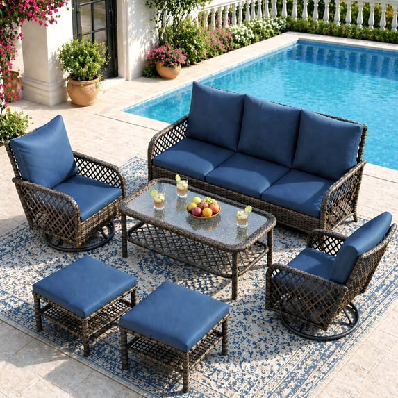 AECOJOY 6 Pcs Outdoor Furniture Set Clearance, 7-Seat Wicker Patio Funiture Sectional Sofa with High Back Swivel Rocker Chairs for Lawn, Deck, Backyard in Navy