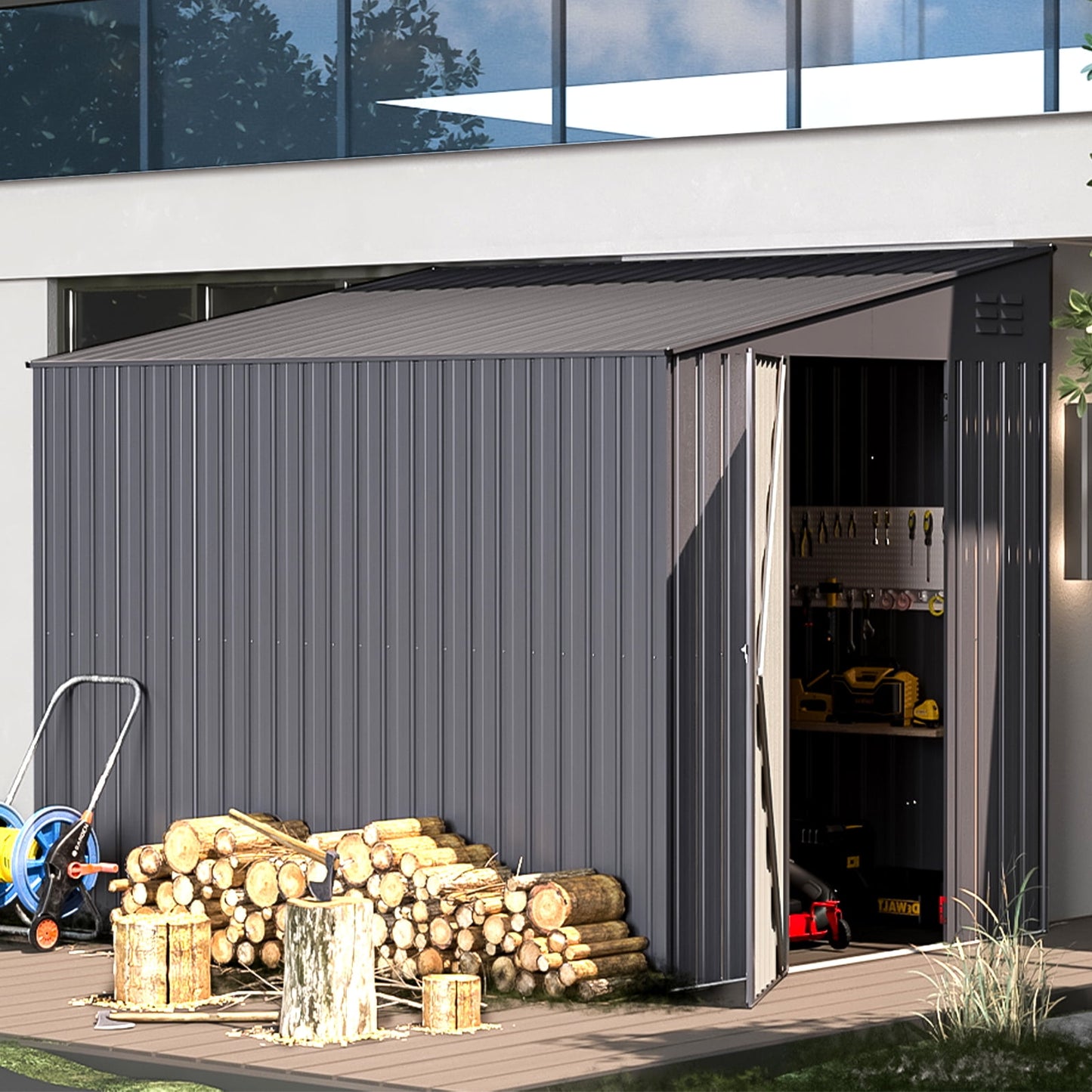 AECOJOY 6' x 8' Metal Storage Shed, Lean-to Design and Lockable Door for Garden, Dark Grey
