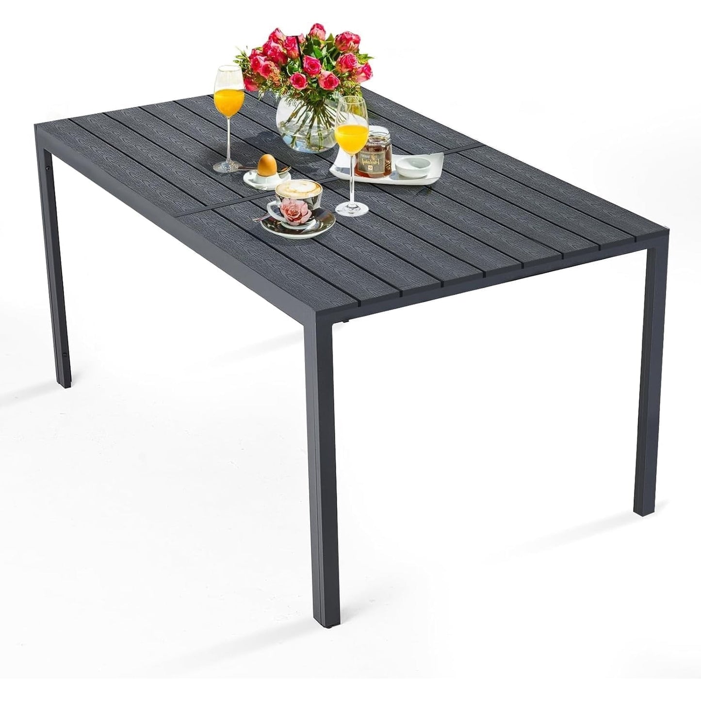 AECOJOY 60"x35.5" Rectangular Outdoor Dining Table, Dash Wood Patio Dining Table in Black
