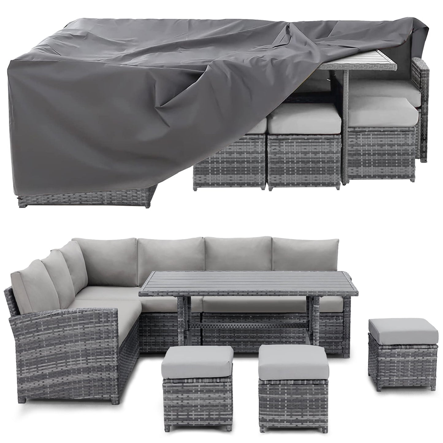 AECOJOY 7 Piece Patio Conversation Set, Outdoor Sectional Sofa Rattan Wicker Dining Furniture, Beige