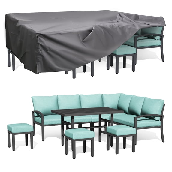 AECOJOY 7 Pieces Metal Patio Furniture Sets Outdoor Conversation Set with Dining Table and Chair with Cover, Green