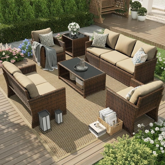 AECOJOY 7 Pieces Outdoor Furniture Set with Two Storage Boxes, Rattan Wicker Sectional Sofa in Brown Wicker& Beige Cushions