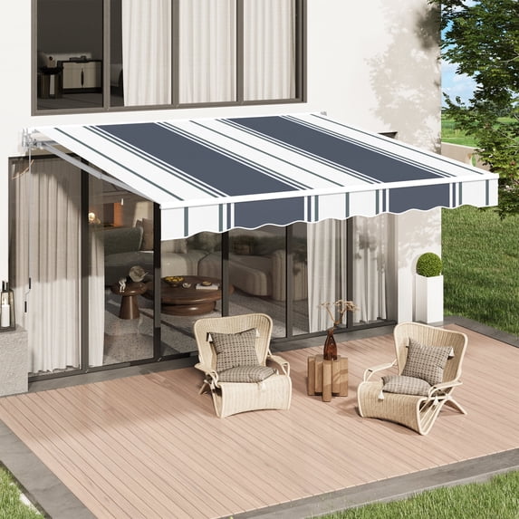 AECOJOY 8' x 10' Manual Retractable Patio Awning,Outdoor Awning Retractable Sunshade Shelter-Blue Stripes