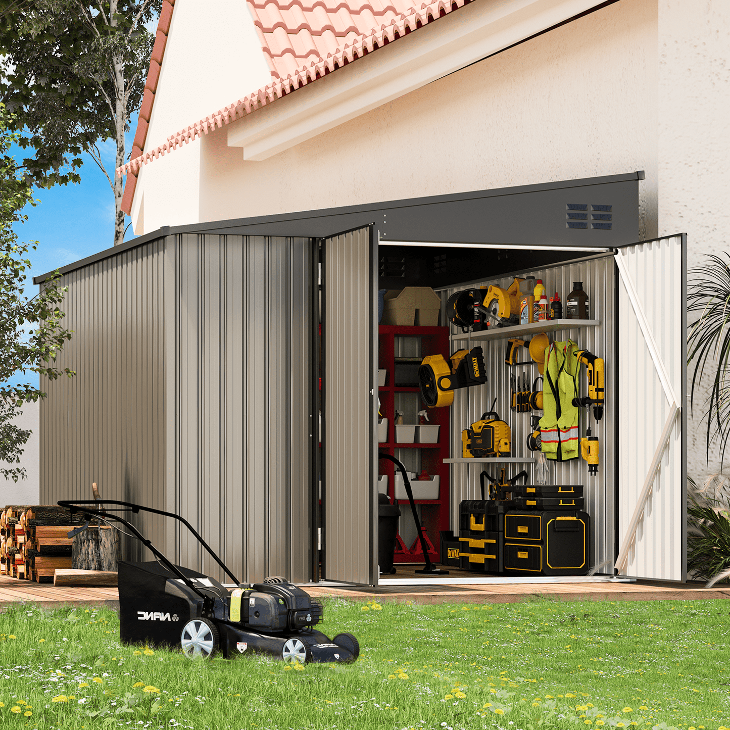 AECOJOY 8' x 10' Metal Storage Shed, Lean-to Design and Lockable Door for Garden, Grey