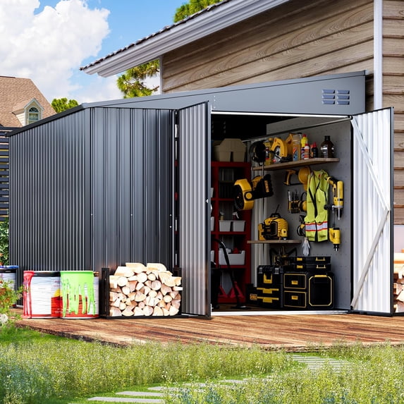 AECOJOY 8' x 10' Outdoor Storage Shed w/ Lockable Door, Steel Lean to Shed Metal Tool Shed Storage Building for Backyard, Garden in Grat