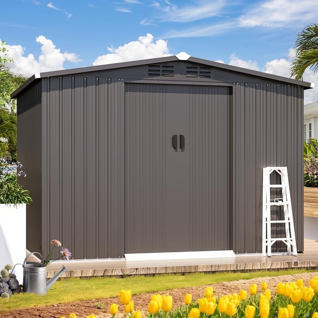 AECOJOY 8 x 6 ft. Outdoor Metal Storage Shed with Lockable Sliding Door Patio Garden Storage Building for Outside in Dark Gray