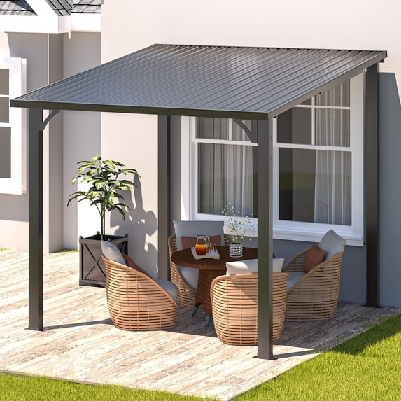 AECOJOY 8' x 8' Hardtop Patio Gazebo Wall Mounted, Heavy Duty Outdoor Pergola on Clearance with Galvanized Steel Roof, Waterproof Metal Grill Gazebo for Backyard
