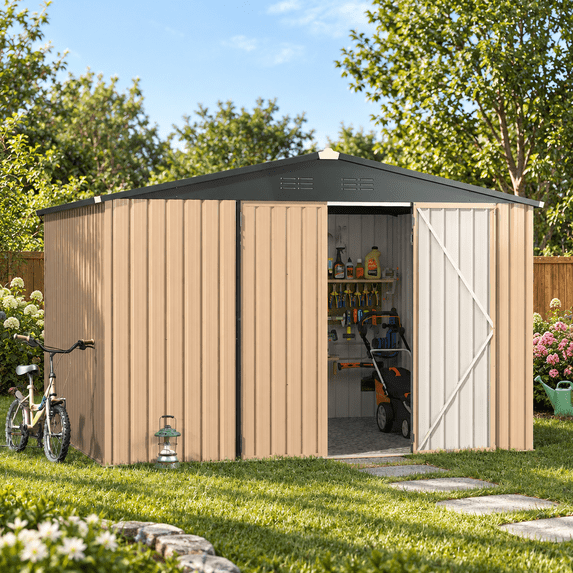 AECOJOY 8'x10' Galvanized Steel Storage Shed with Lockable Doors for Patio, Garden, Backyard