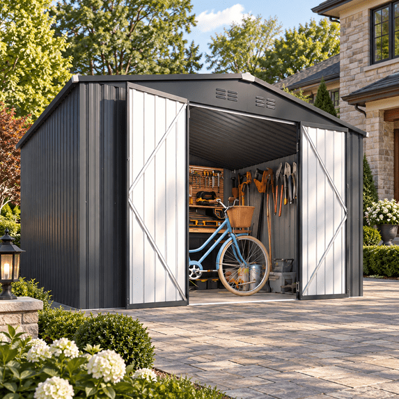 AECOJOY 8'x10' Waterproof Galvanized Steel Storage Shed with Lockable Double Doors, Dark Grey, for Backyard & Patio