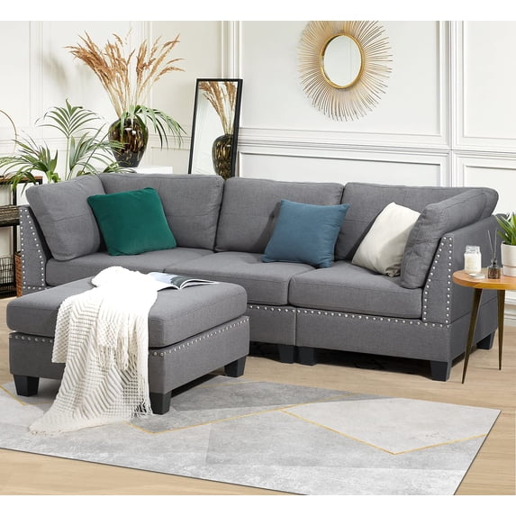 AECOJOY 88.6” Convertible Sectional Sofa Couch with Ottoman, Modern Tufted Linen Fabric L-Shaped Couch with Reversible Chaise, Gray