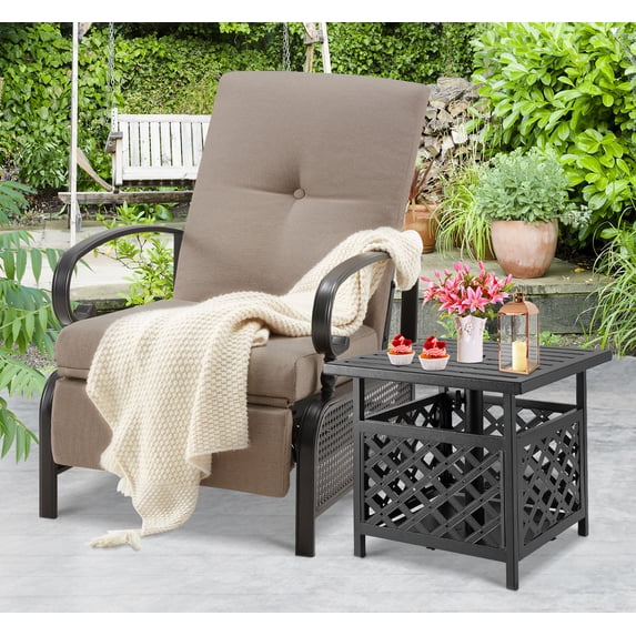 AECOJOY Adjustable Patio Reclining Lounge Chair with Umbrella Side Table Stand-Brown