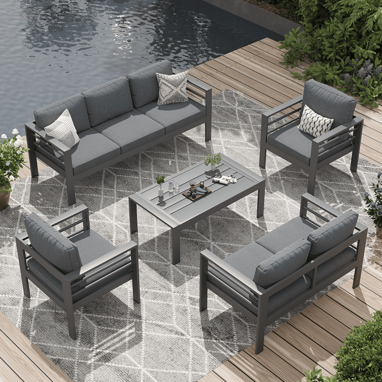 AECOJOY Aluminum Patio Furniture Set, 7 Seats Modern Outdoor Furniture with Coffee Table, 5 Pieces Metal Conversation Sectional Sofa, Dark Grey