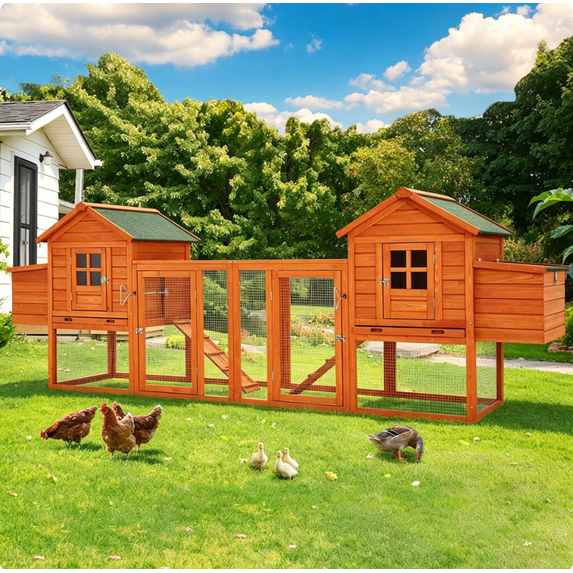 AECOJOY Chicken Coop, Large Wooden Hen House with Run and Removable Trays for 4–6 Chickens, Brown