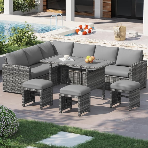 AECOJOY Outdoor 7-Piece Rattan Wicker Sectional Sofa Couch, Patio Dining Conversation Set, Gray