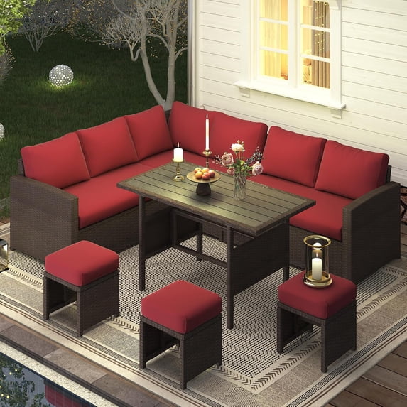 AECOJOY Outdoor Furniture Set, 7-Piece Rattan Wicker Patio Dining Conversation Set, Wine Red