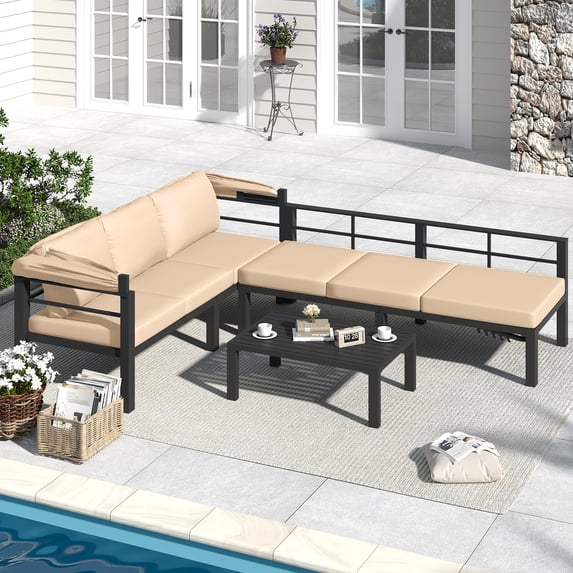 AECOJOY Outdoor Furniture Set with Retractable Canopy, Patio Comfortable Sectional Sofa with Coffee Table & 2 Adjustable Backrests in Beige