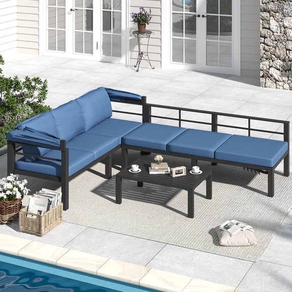 AECOJOY Outdoor Furniture Set with Retractable Canopy, Patio Comfortable Sectional Sofa with Coffee Table & 2 Adjustable Backrests in Blue