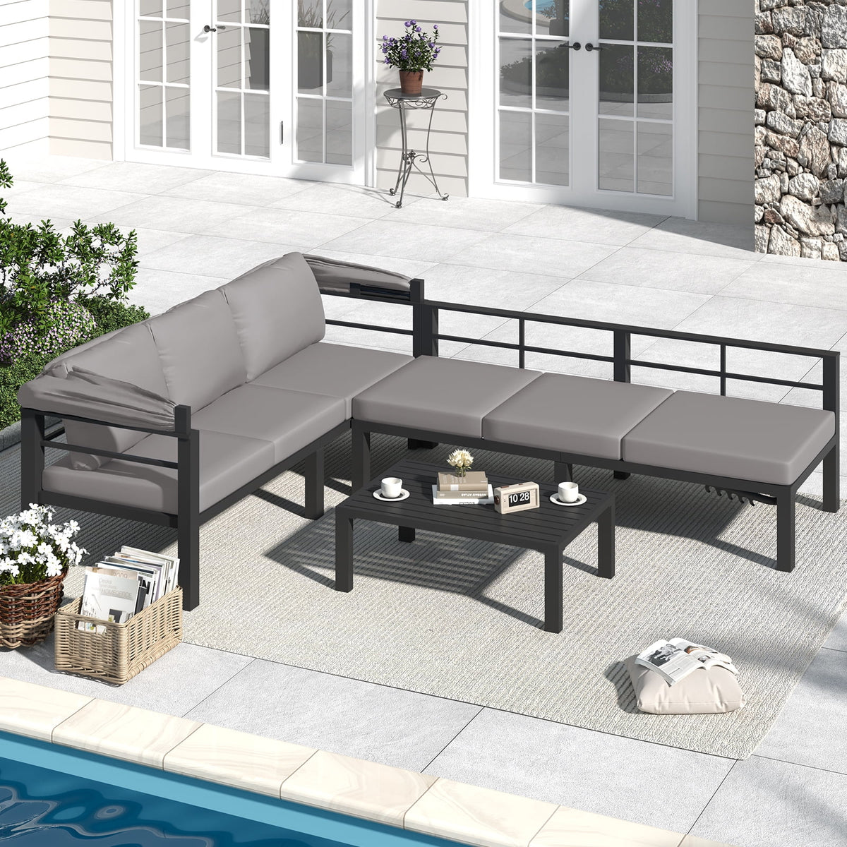 AECOJOY Outdoor Furniture Set with Retractable Canopy, Patio Comfortable Sectional Sofa with Coffee Table & 2 Adjustable Backrests in Grey