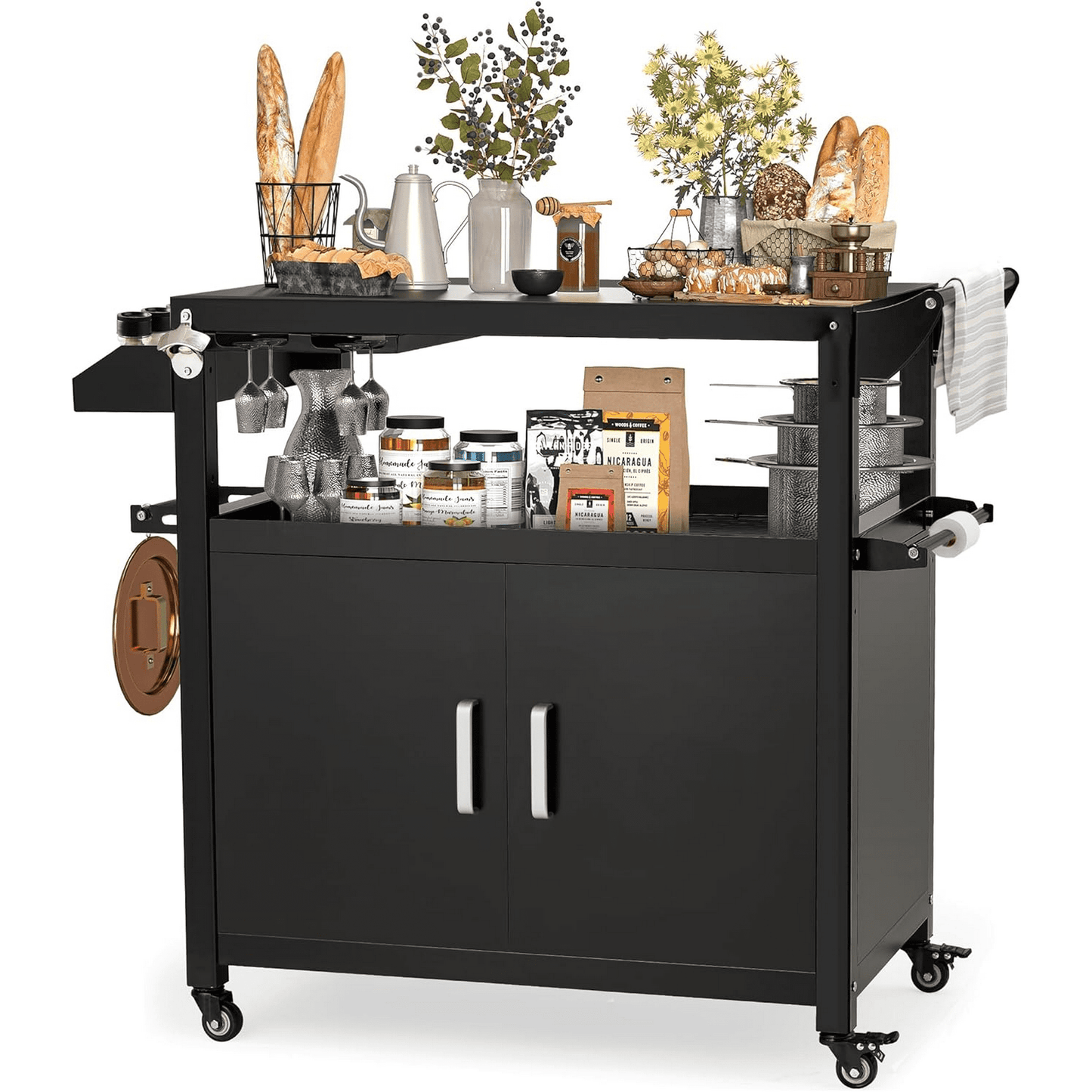 AECOJOY Outdoor Grill Cart with Storage Cabinet Buffet Prep Tables for Outside Steel BBQ Bar Carts for Patio