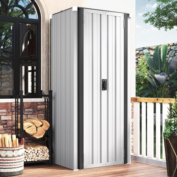 AECOJOY Outdoor Storage Cabinet Metal Organizer for Outside& Garden Patio Storage Building with Doors and Shelves in White
