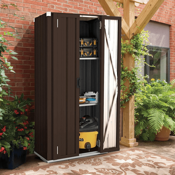AECOJOY Outdoor Storage Cabinet Metal Organizer with Doors and Shelves Patio Storage Building for Outside& Garden in Brown