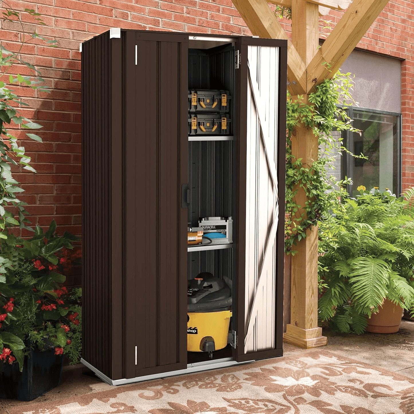 AECOJOY Outdoor Storage Cabinet Metal Organizer with Doors and Shelves Patio Storage Building for Outside& Garden in Brown