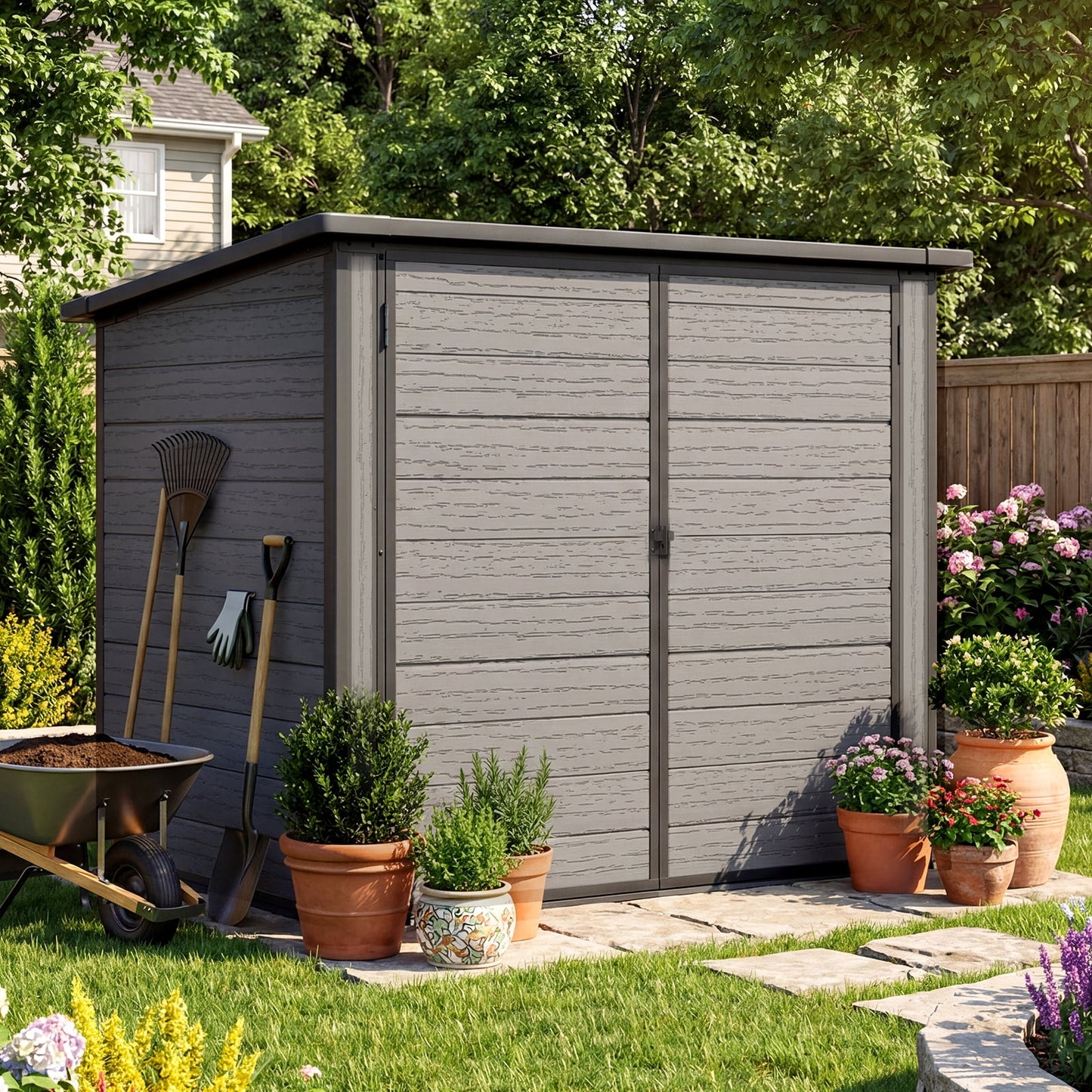 AECOJOY Outdoor Storage Shed, Resin & Metal Build with Easy Assembly, Lockable Double Doors Holds 2 Cans, 61 Cu.Ft Capacity, Waterproof & Weather-Resistant for Outdoor Trash Can