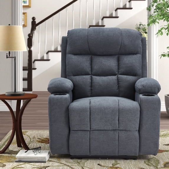AECOJOY Oversized Nursery Electric Recliner Chair, Power Sofa with USB & Cup Holders, Breathable Leather Fabric, Home Theater Seating in Grey