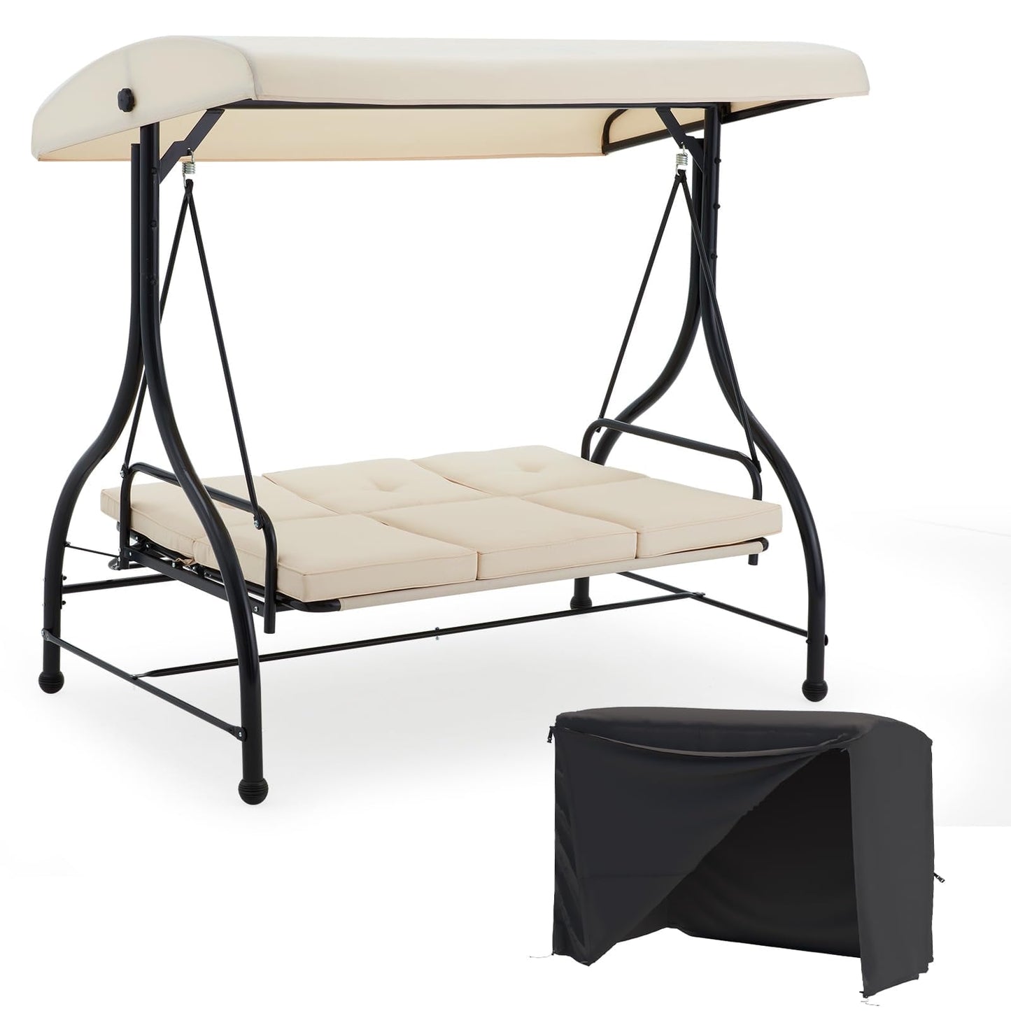 AECOJOY 3 Person Steel Outdoor Patio Canopy Adjustable Steel Porch Swing Chair with Cover, Beige