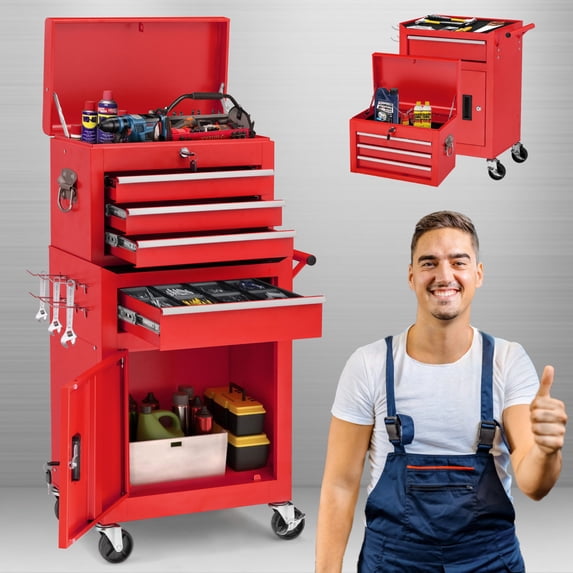 AECOJOY Tool Chest Rolling Tool Chest& Cabinets with Wheels Tool Organizer Box for Garage Workshop (Red)