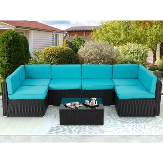 Danrelax 7 Pc Outdoor Patio Sectional Set, Blue and Black Steel with Cushions