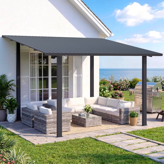 JFHID 12'×10' Heavy Duty Wall-Mounted Hardtop Gazebo, Galvanized Steel Lean-to Pergola for Patio & Backyard,Black