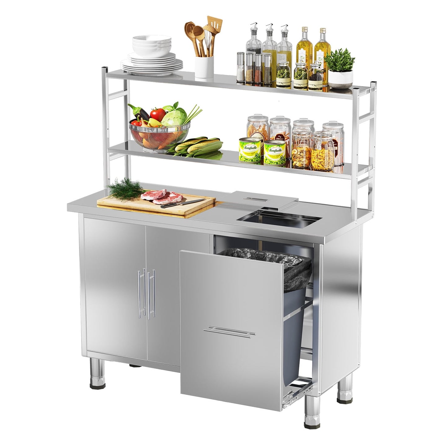 JFHID 48x20 in Stainless Steel Commercial Kitchen Workstation Prep Table with Trash Bin Cabinet