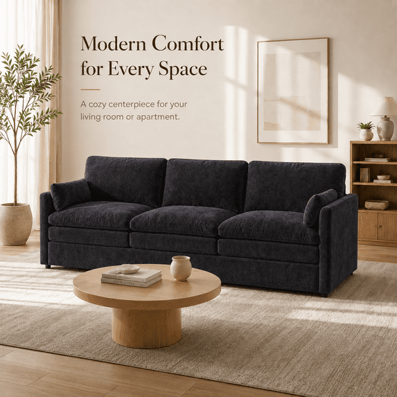 JFHID 89 inch Apartment Cloud Couch, 3-Seater Chenille Sofa for Living Rooms,Black