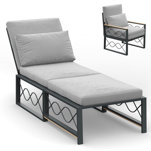 JFHID Patio Metal Chaise Lounge Chair, Folding Chair For Outdoors, Convertible Armchair with Cushions (Grey)
