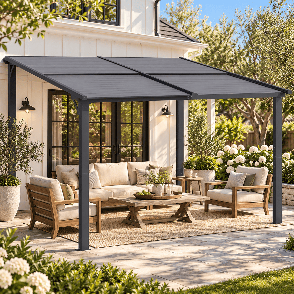 YODOLLA 10' x 12' Lean-to Gazebo with Dual-Zone Retractable Resin Roof, Hand-Crank Adjustable Patio Gazebo with Side Gutters, Dark Gray
