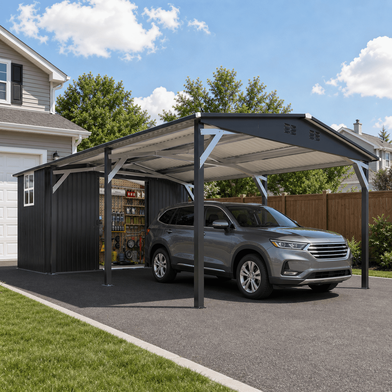 YODOLLA 12' x 23' Metal Carport with Storage Shed, Galvanized Steel Hardtop Vehicle Shelter with Outdoor Storage Space for RV, Truck and Backyard