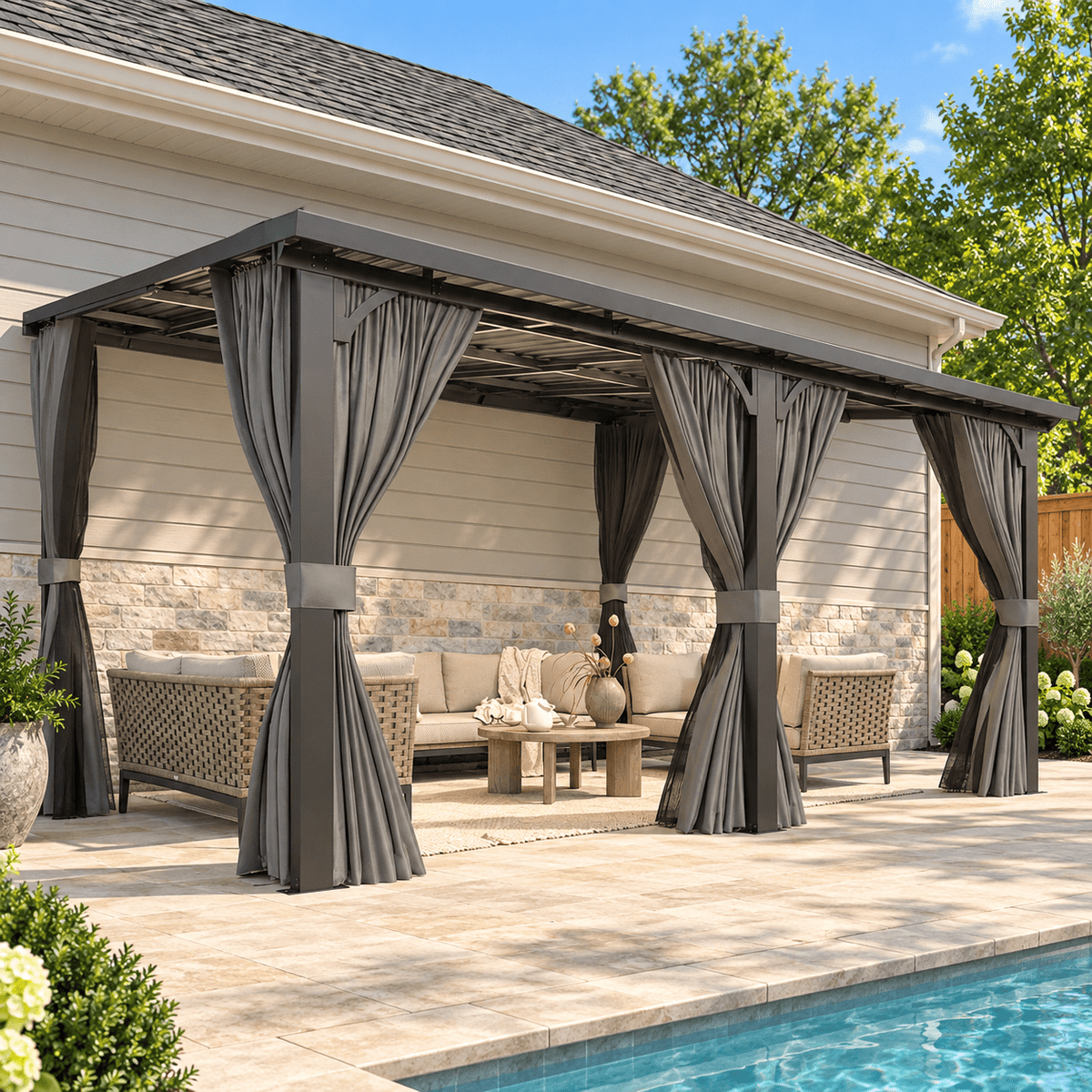 YODOLLA 14x12ft Wall-Mounted Hardtop Gazebo with Curtains and Netting, Heavy Duty Outdoor Pergola for Patio and Deck