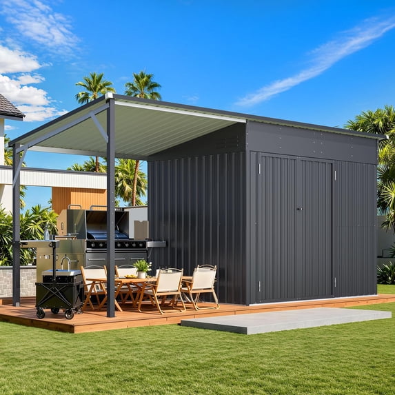 YODOLLA 14x6 ft Metal Outdoor Storage Shed with Hardtop Pergola, 2-in-1 Lockable Tool Shed, Waterproof Roof