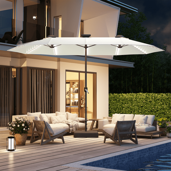 YODOLLA 15 x 9 ft Double-Sided Rectangular Patio Umbrella with Solar Lights & Included Base, 360° All-Round Lighting, 1.9" Pole, Beige