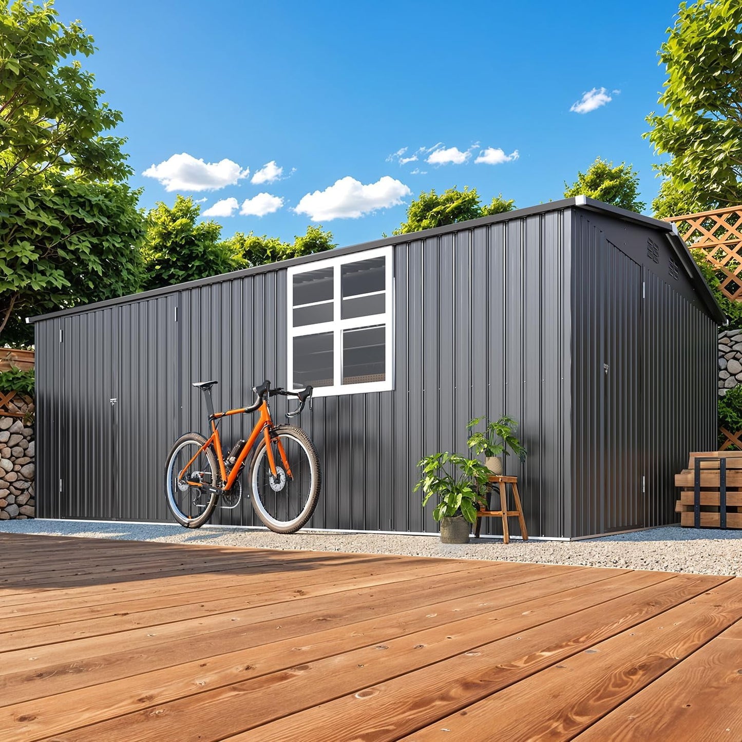 YODOLLA 16 x 12 Ft Metal Outdoor Storage Shed with Side & Front Doors & Windows, Large Steel Tool Shed for Garden, Patio, Backyard in Dark Grey