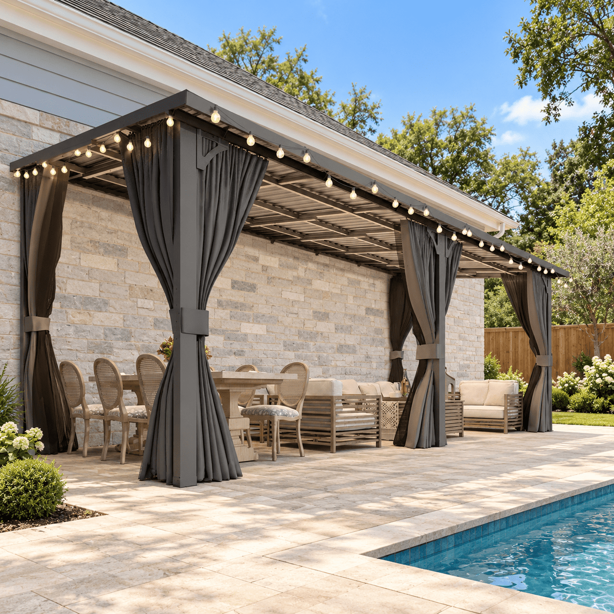 YODOLLA 20x8ft Wall-Mounted Hardtop Gazebo with Curtains and Netting, Heavy Duty Outdoor Pergola for Patio and Deck