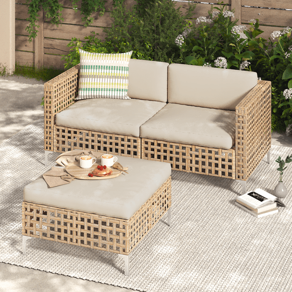 YODOLLA 3-Piece Patio Furniture Set, Boho Style Rattan Wicker Loveseat Sofa Couch with Coffee Table in Beige