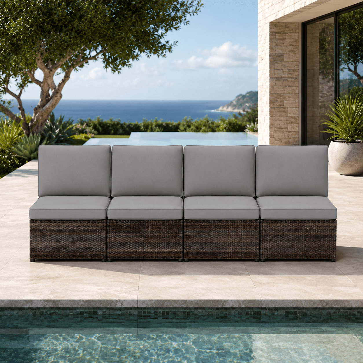 YODOLLA 4 Piece Patio Sofa Set, Outdoor Modular Wicker Furniture with Armless Seats, Flexible Sectional Seating for Lawn/Garden/Balcony, Gray Cushions and Brown PE Rattan