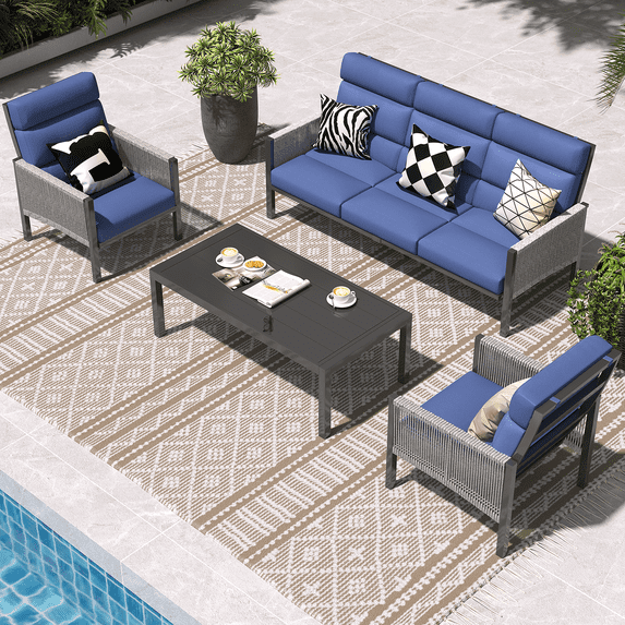 YODOLLA 4 Pieces Aluminum Outdoor Conversation Sets with Cushions, Dark Blue