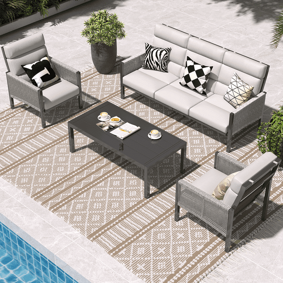 YODOLLA 4 Pieces Aluminum Outdoor Conversation Sets with Cushions, Light Gray