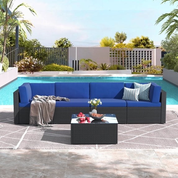 YODOLLA 5 Piece Patio Furniture Set On Sale in Navy Cushion& Black PE Rattan Outdoor Sectional Sofa Couch Patio Conversation Set with Table