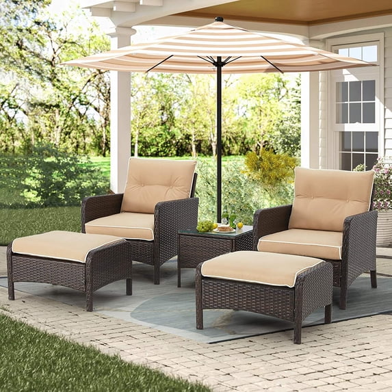 YODOLLA 5 Pieces Patio Furniture Set Outdoor Chair and Ottoman Set with Cushions & Side Table, Brown PE Wicker Rattan Lawn Pool Balcony Backyard Conversation Lounge Set, White & Tan Cushion