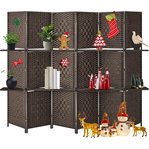YODOLLA 6 Panel Room Divider, 6 FT Tall&Extra Wide Weave Fiber Room Divider with Storage Shelves, Folding Wall Dividers, Room Separators Dividers, Dark Brown